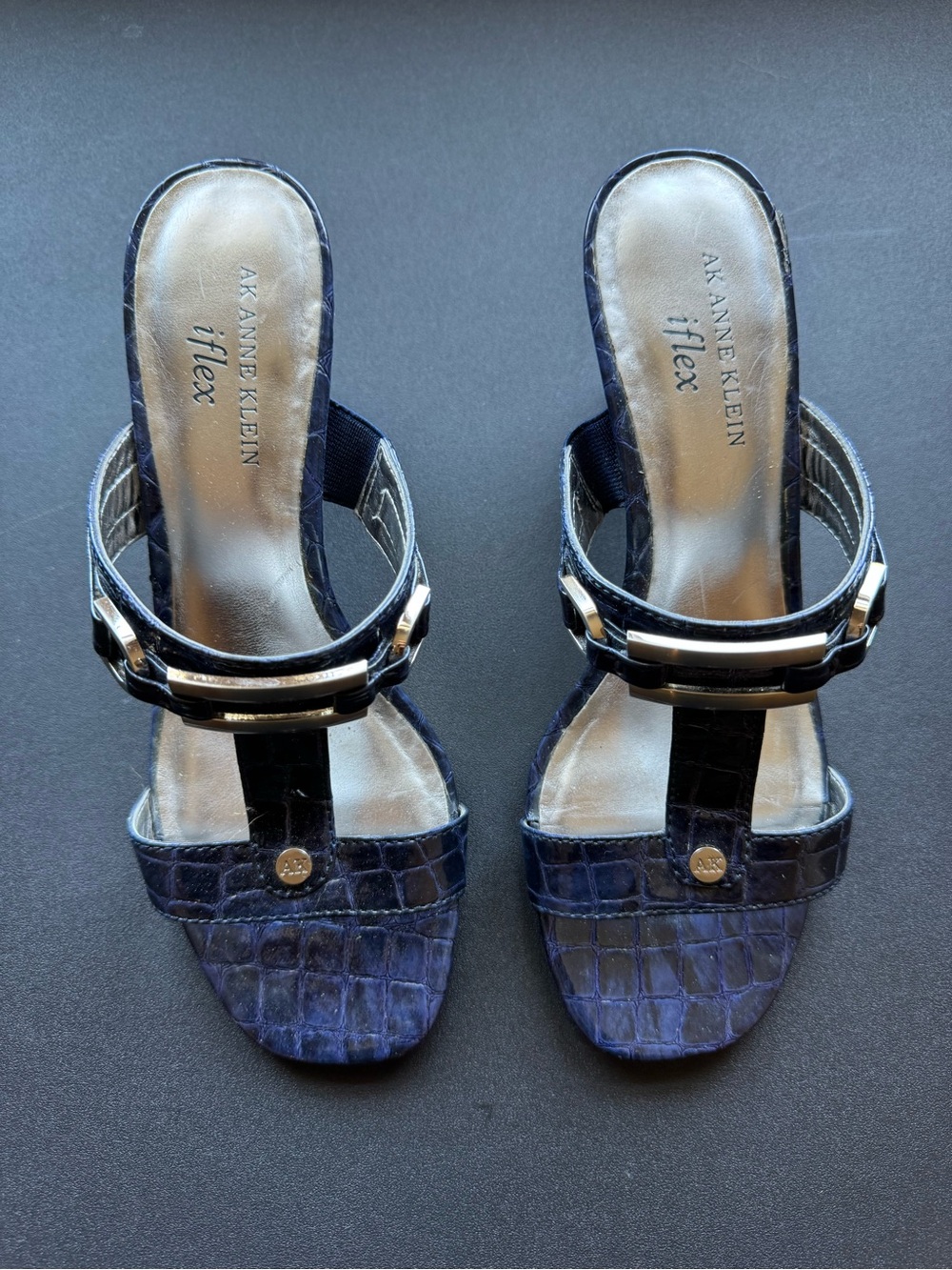 Anne Klein Navy Croc-Embossed T-Strap Slide Mules